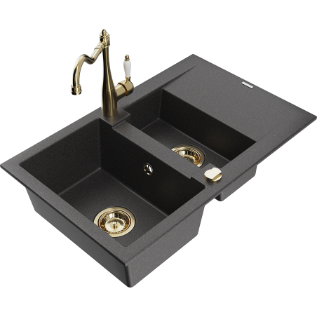 Mexen Gaspar fregadero de granito de 1,5 senos con escurridor y grifo de cocina Carla, negro moteado - 6507-76-670700-50