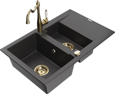 Mexen Gaspar granite sink 1.5-bowl with drainer and Carla kitchen tap, black speckled - 6507-76-670700-50