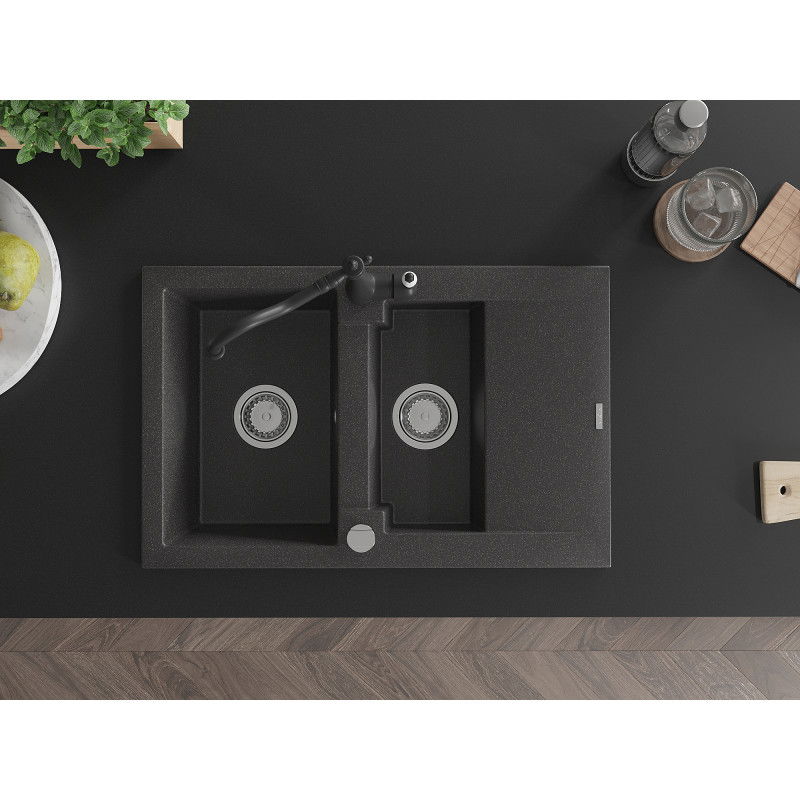 Mexen Gaspar granite sink 1.5-bowl with drainer and Carla kitchen tap, black speckled - 6507-76-670700-70