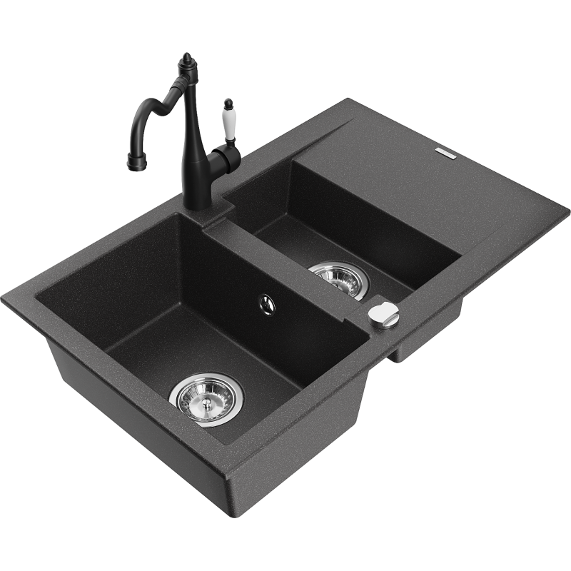 Mexen Gaspar fregadero de granito de 1,5 senos con escurridor y grifo de cocina Carla, negro moteado - 6507-76-670700-70