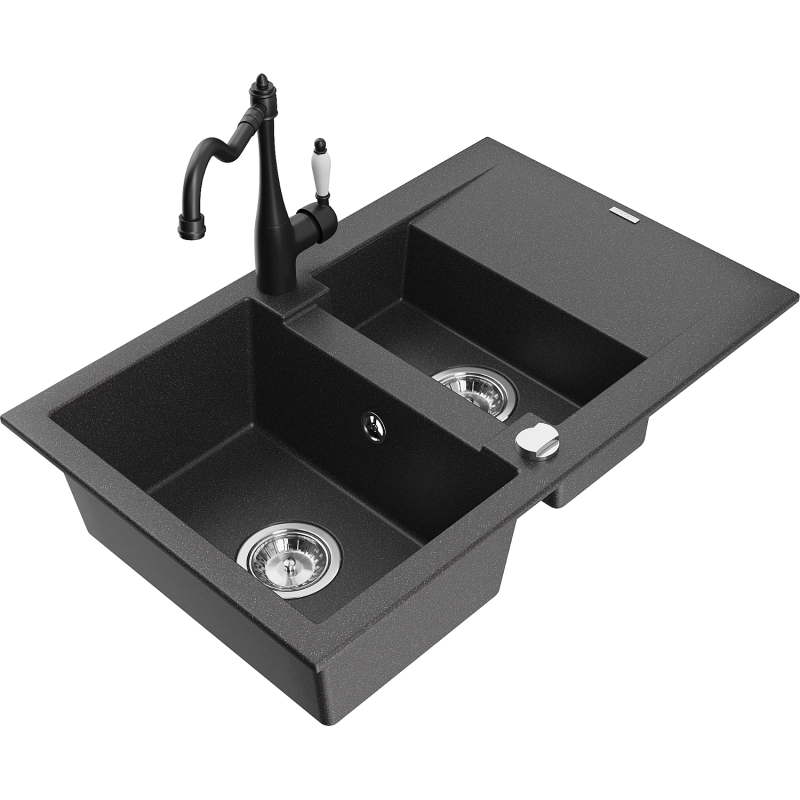 Mexen Gaspar granite sink 1.5-bowl with drainer and Carla kitchen tap, black speckled - 6507-76-670700-70