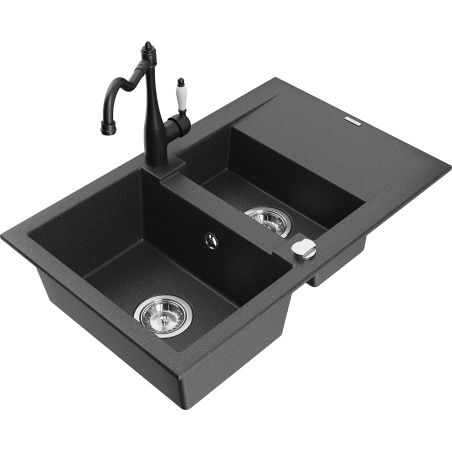 Mexen Gaspar granite sink 1.5-bowl with drainer and Carla kitchen tap, black speckled - 6507-76-670700-70