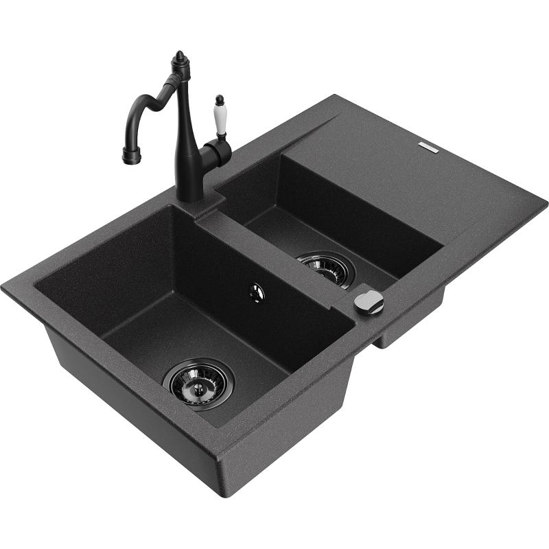 Mexen Gaspar fregadero de granito de 1.5 senos con escurridor y grifo de cocina Carla, negro moteado - 6507-76-670700-70-B
