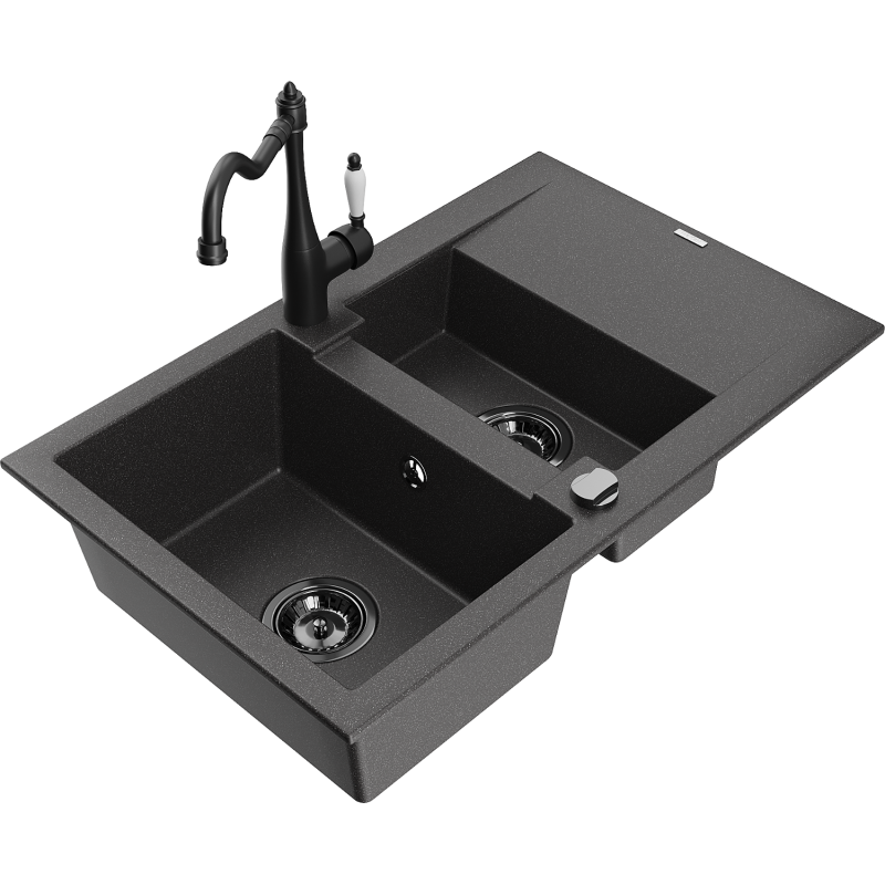Mexen Gaspar granite sink 1.5-bowl with drainer and Carla kitchen tap, black speckled - 6507-76-670700-70-B