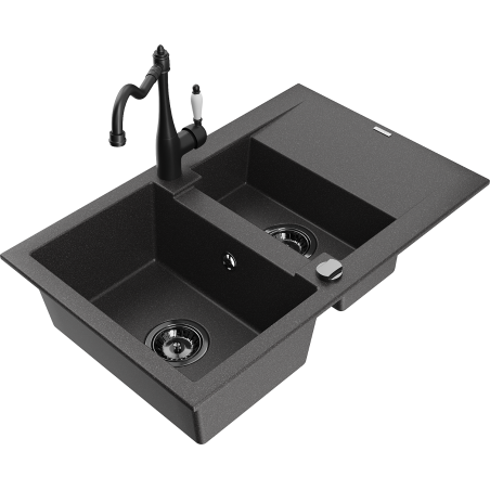 Mexen Gaspar granite sink 1.5-bowl with drainer and Carla kitchen tap, black speckled - 6507-76-670700-70-B