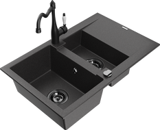 Mexen Gaspar granite sink 1.5-bowl with drainer and Carla kitchen tap, black speckled - 6507-76-670700-70-B