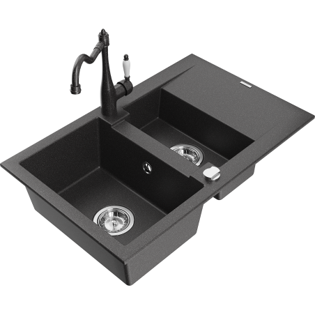 Mexen Gaspar évier en granit 1,5-bac avec égouttoir et robinet de cuisine Carla, noir moucheté - 6507-76-670700-76