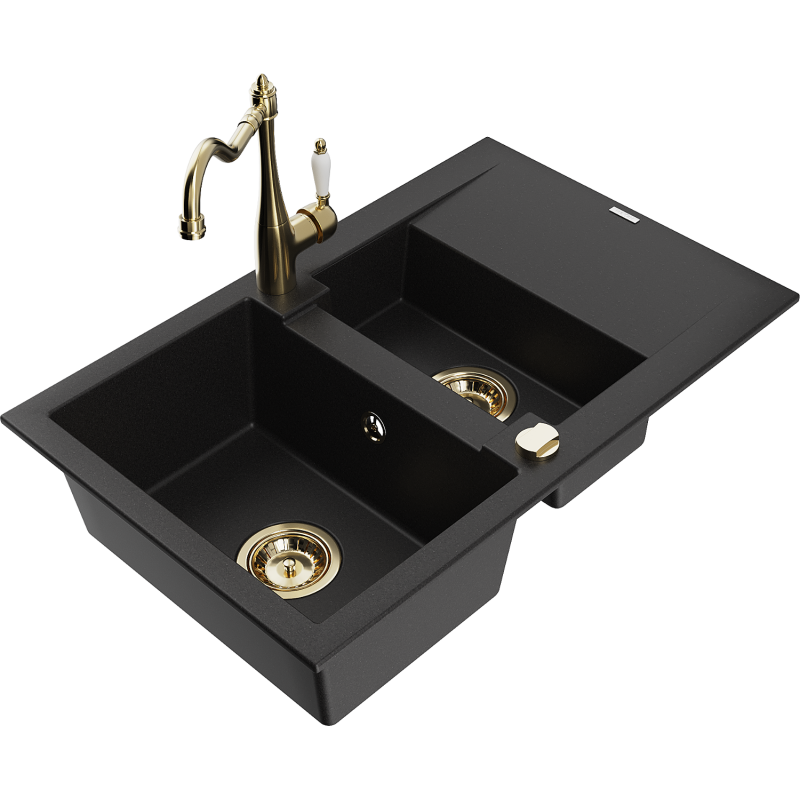 Mexen Gaspar fregadero de granito con 1,5 cubetas y escurridor y grifo de cocina Carla, negro - 6507-77-670700-50