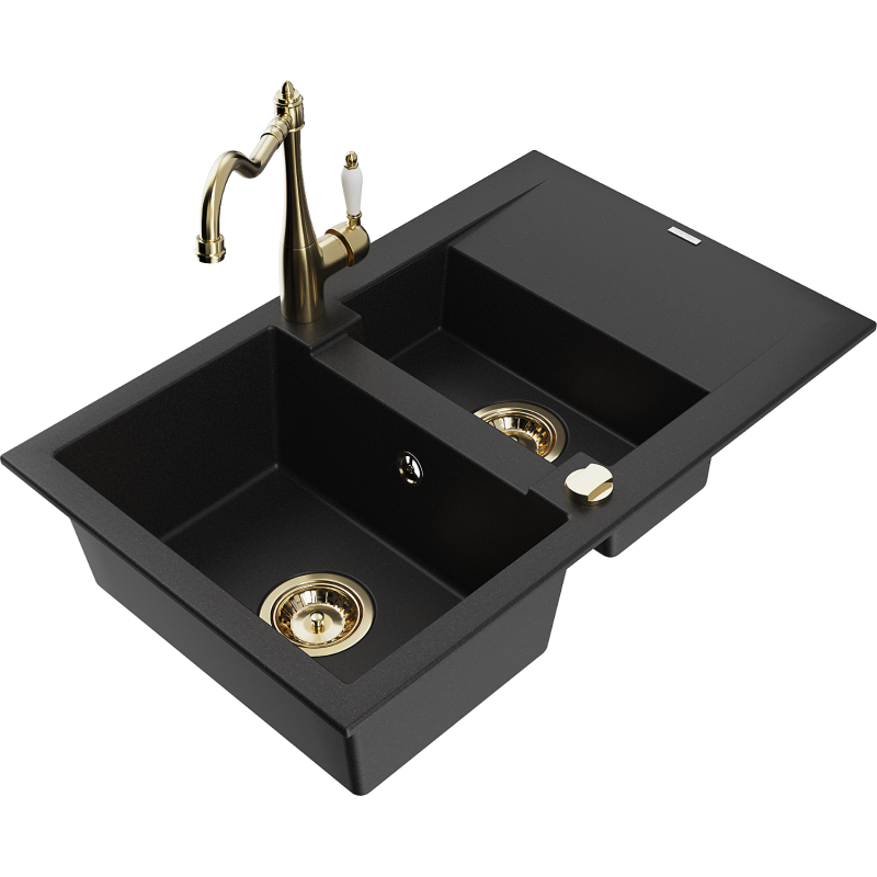 Mexen Gaspar granite sink with 1.5 bowls, drainer and Carla kitchen tap, black - 6507-77-670700-50