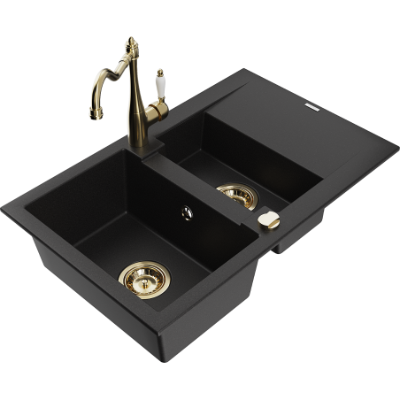Mexen Gaspar fregadero de granito con 1,5 cubetas y escurridor y grifo de cocina Carla, negro - 6507-77-670700-50