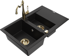 Mexen Gaspar granite sink with 1.5 bowls, drainer and Carla kitchen tap, black - 6507-77-670700-50