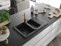 Mexen Gaspar 1.5-bowl granite sink with drainer and kitchen tap Carla, black - 6507-77-670700-50-B