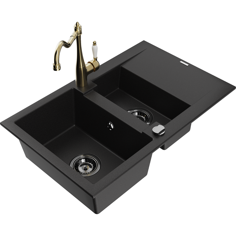 Mexen Gaspar fregadero de granito de 1,5 senos con escurridor y grifo de cocina Carla, negro - 6507-77-670700-50-B