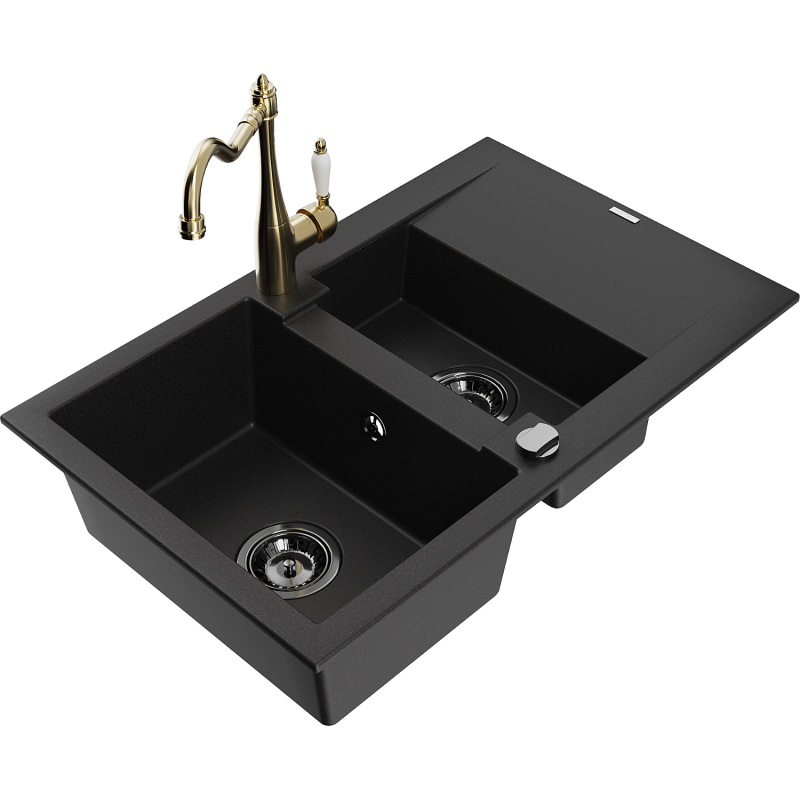 Mexen Gaspar graniittinen 1,5-altaan keittiöallas valutustasolla ja keittiöhana Carla, musta - 6507-77-670700-50-B