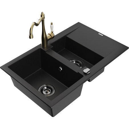Mexen Gaspar Granitspüle 1,5-becken mit Ablage und Küchenarmatur Carla, schwarz - 6507-77-670700-50-B