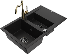 Mexen Gaspar 1.5-bowl granite sink with drainer and kitchen tap Carla, black - 6507-77-670700-50-B