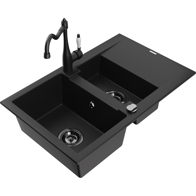 Mexen Gaspar lava-louça de granito de 1,5 cubas com escorredor e torneira de cozinha Carla, preto - 6507-77-670700-70-B