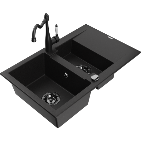 Mexen Gaspar granitdiskho 1,5-kammar med avrinningsbricka och kökskran Carla, svart - 6507-77-670700-70-B