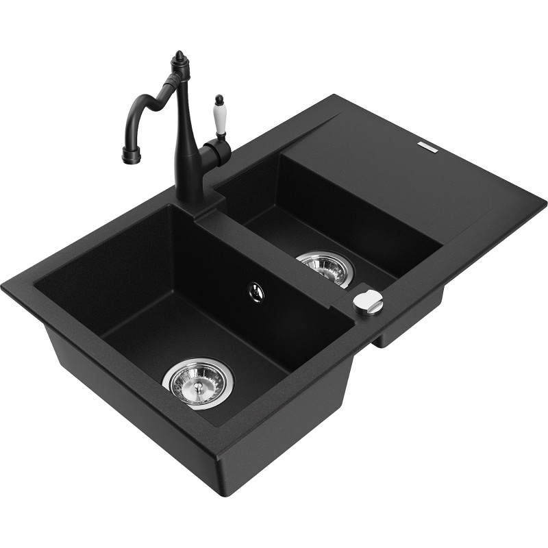 Mexen Gaspar fregadero de granito de 1,5 cubetas con escurridor y grifo de cocina Carla, negro - 6507-77-670700-00