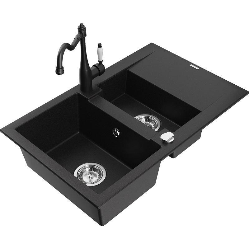 Mexen Gaspar granite kitchen sink 1.5-bowl with drainer and Carla kitchen tap, black - 6507-77-670700-00