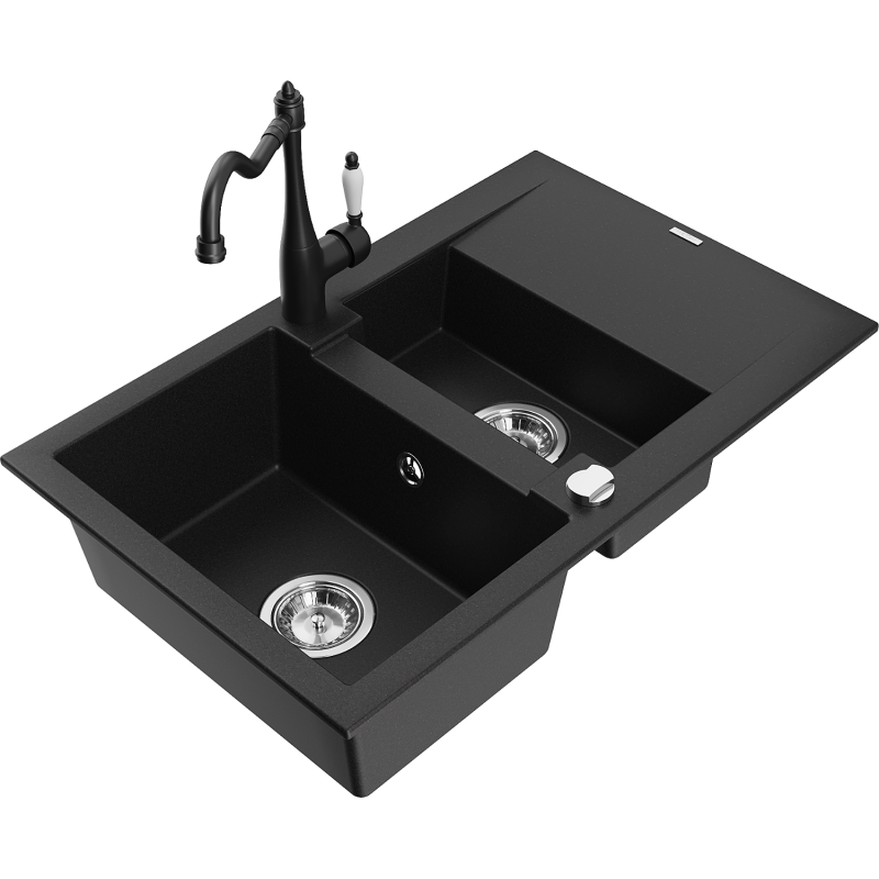 Mexen Gaspar lava-loiça de granito com 1,5 cubas, escorredor e torneira de cozinha Carla, preto - 6507-77-670700-00