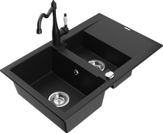 Mexen Gaspar granite kitchen sink 1.5-bowl with drainer and Carla kitchen tap, black - 6507-77-670700-00