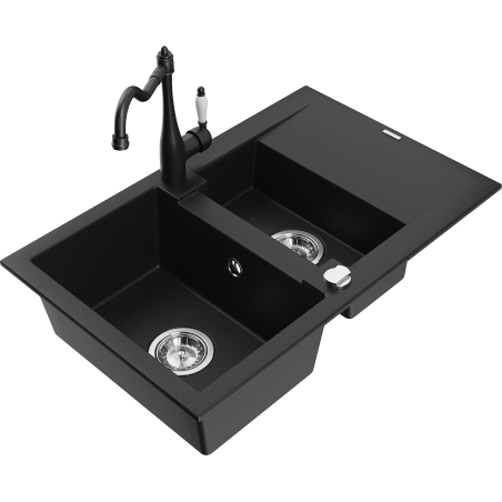 Mexen Gaspar fregadero de granito de 1,5 senos con escurridor y grifo de cocina Carla, negro - 6507-77-670700-70