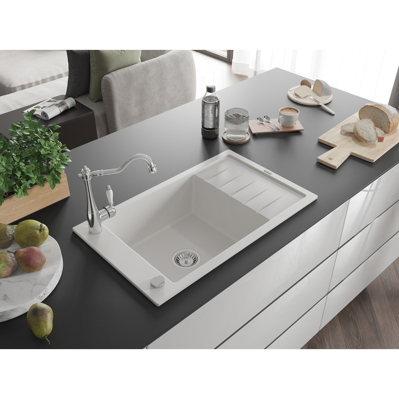 Mexen Elias zlewozmywak granitowy 1-komorowy z ociekaczem i baterią kuchenną Carla, biały - 6511-20-670700-00