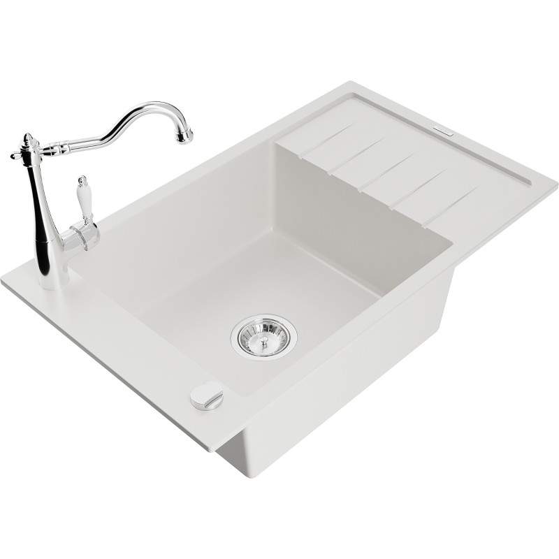 Mexen Elias fregadero de granito de 1 compartimento con escurridor y grifo de cocina Carla, blanco - 6511-20-670700-00