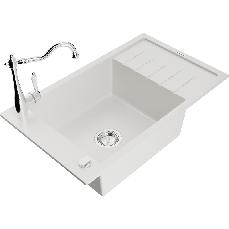 Mexen Elias lava-loiça de granito de 1 cuba com escorredor e torneira de cozinha Carla, branco - 6511-20-670700-00