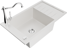 Mexen Elias granite sink 1-bowl with drainer and Carla kitchen tap, white - 6511-20-670700-00