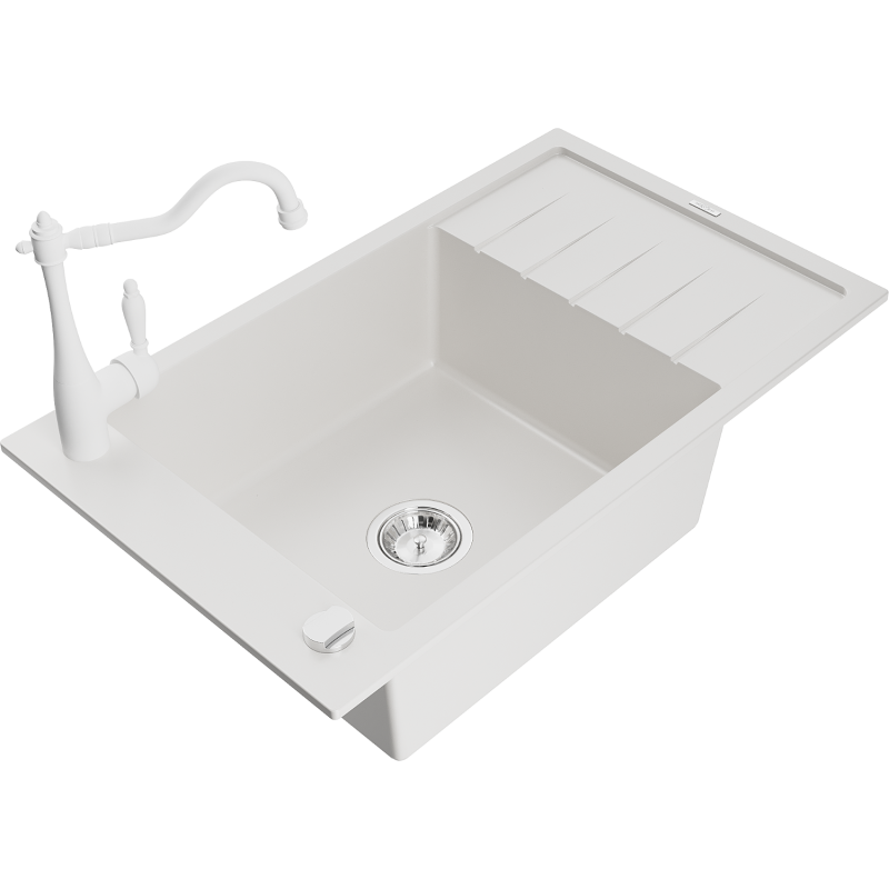 Mexen Elias fregadero de granito de 1 seno con escurridor y grifo de cocina Carla, blanco - 6511-20-670700-20