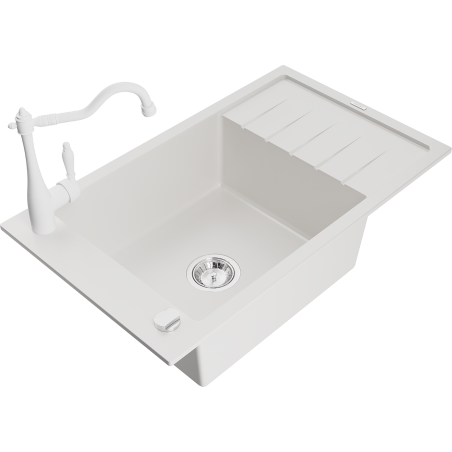 Mexen Elias 1-bowl granite sink with drainer and Carla kitchen tap, white - 6511-20-670700-20