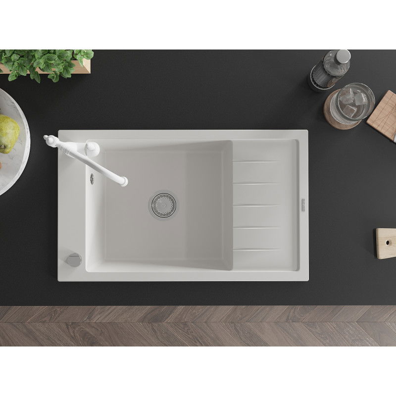 Mexen Elias 1-bowl granite sink with drainer and Carla kitchen tap, white - 6511-20-670700-20