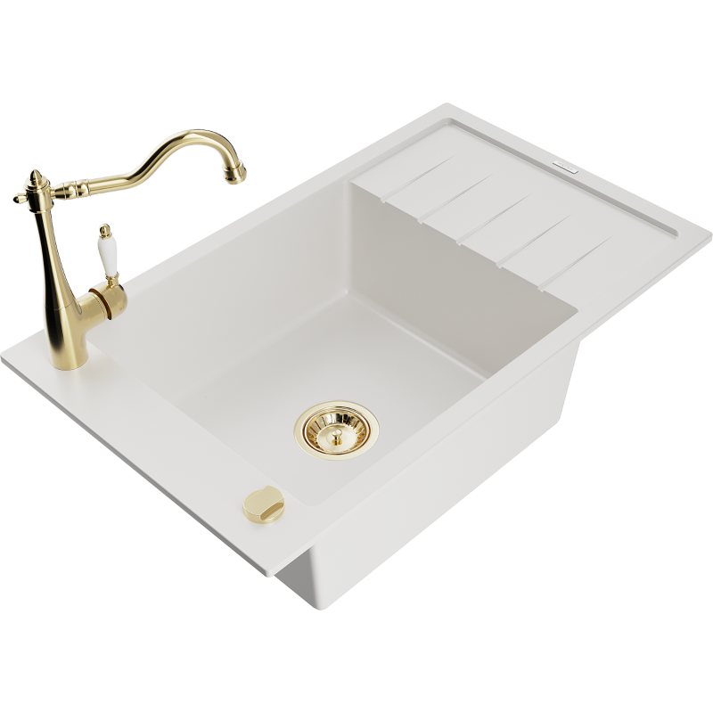 Mexen Elias fregadero de granito de 1 taza con escurridor y grifo de cocina Carla, blanco - 6511-20-670700-50