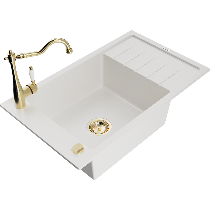 Mexen Elias granite sink 1-bowl with drainer and Carla kitchen tap, white - 6511-20-670700-50