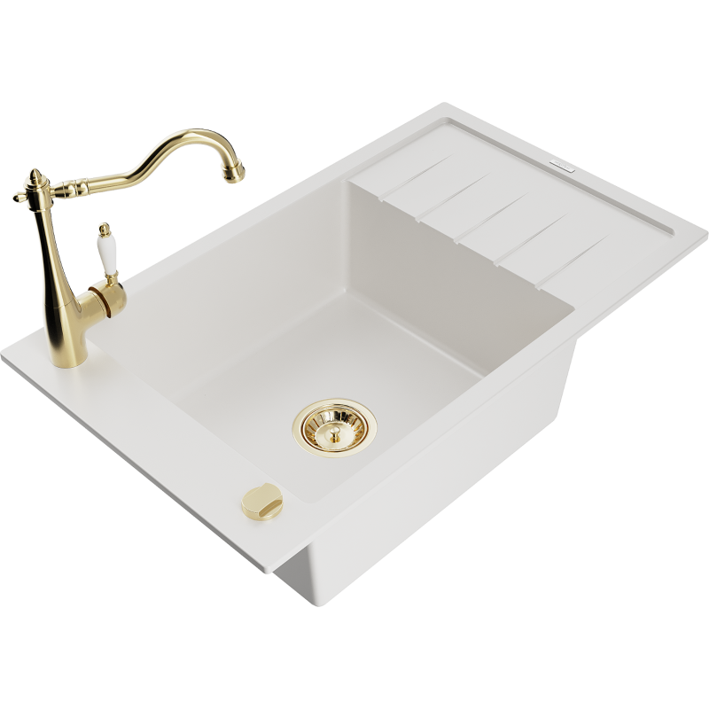 Mexen Elias lava-louça de granito 1-cuba com escorredor e torneira de cozinha Carla, branco - 6511-20-670700-50