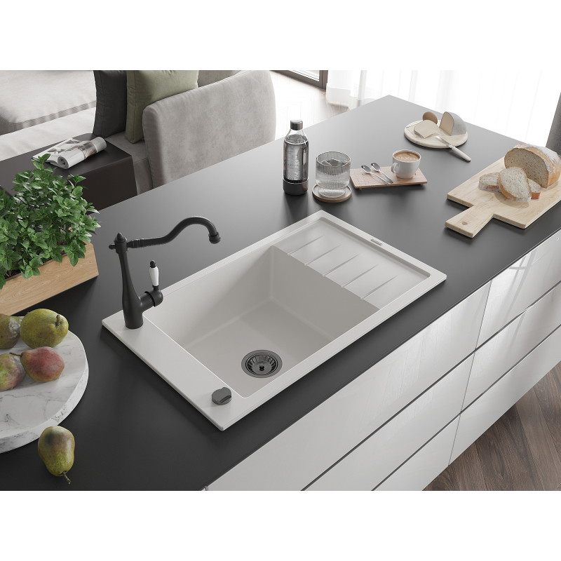 Mexen Elias granit gootsteen 1-kamer met afdruiprek en keukenmengkraan Carla, wit - 6511-20-670700-70
