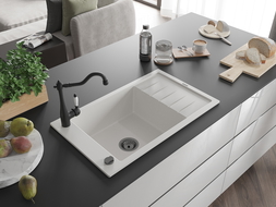 Mexen Elias granite sink 1-bowl with drainer and kitchen tap Carla, white - 6511-20-670700-70