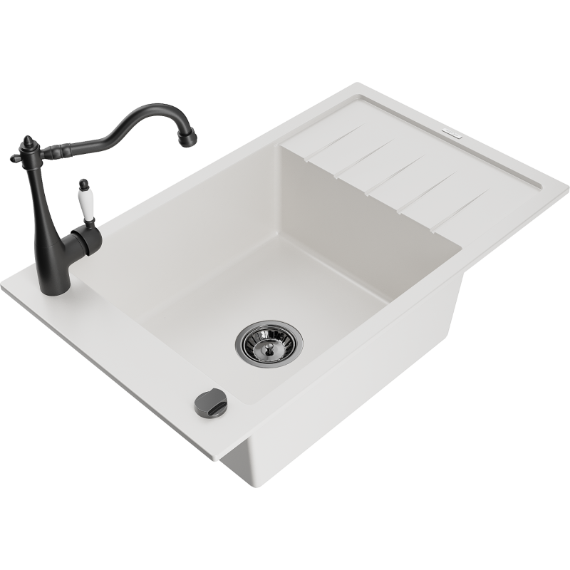 Mexen Elias fregadero de granito de 1 cubeta con escurridor y grifo de cocina Carla, blanco - 6511-20-670700-70