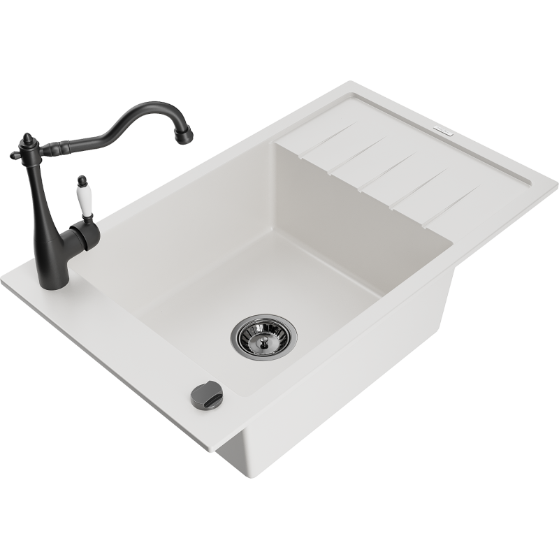 Mexen Elias granite sink 1-bowl with drainer and kitchen tap Carla, white - 6511-20-670700-70