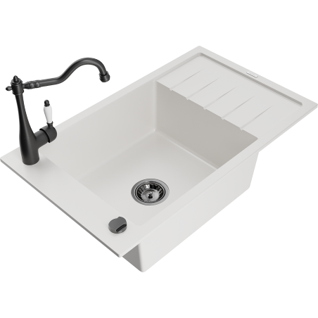 Mexen Elias granite sink 1-bowl with drainer and kitchen tap Carla, white - 6511-20-670700-70