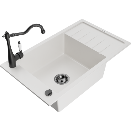 Mexen Elias lava-loiça de granito de 1 bacia com escorredor e torneira de cozinha Carla, branco - 6511-20-670700-70