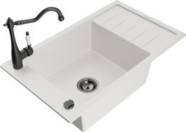 Mexen Elias granite sink 1-bowl with drainer and kitchen tap Carla, white - 6511-20-670700-70