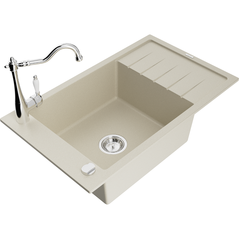 Mexen Elias 1-bowl granite sink with drainer and Carla kitchen tap, beige - 6511-69-670700-00