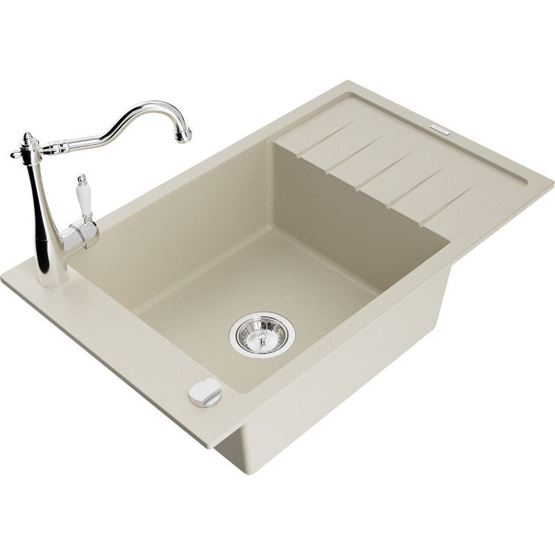 Mexen Elias fregadero de granito de 1 cuenco con escurridor y grifo de cocina Carla, beige - 6511-69-670700-00
