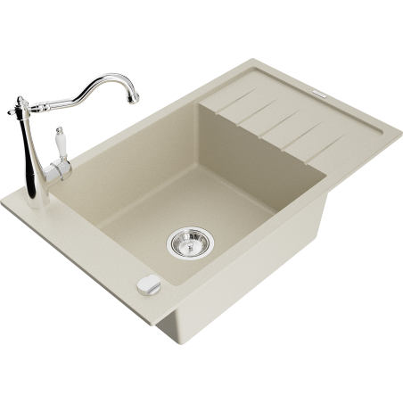 Mexen Elias 1-bowl granite sink with drainer and Carla kitchen tap, beige - 6511-69-670700-00