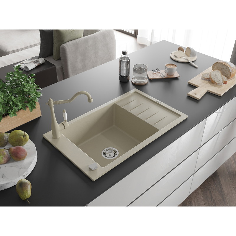 Mexen Elias 1-kommeriger Granitspülbecken mit Abtropffläche und Küchenarmatur Carla, beige - 6511-69-670700-69