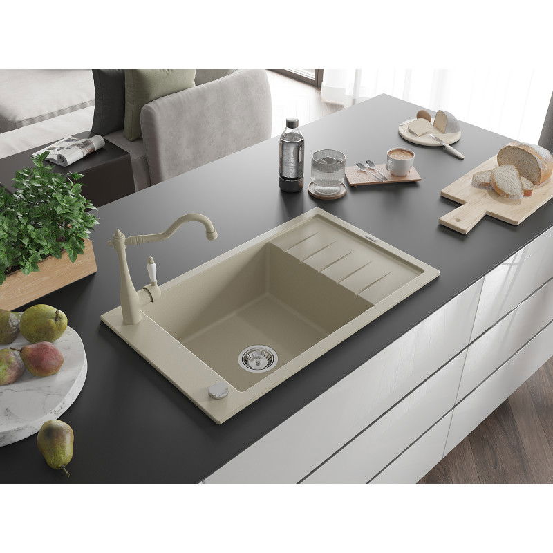 Mexen Elias fregadero de granito de 1 seno con escurridor y grifo de cocina Carla, beige - 6511-69-670700-69