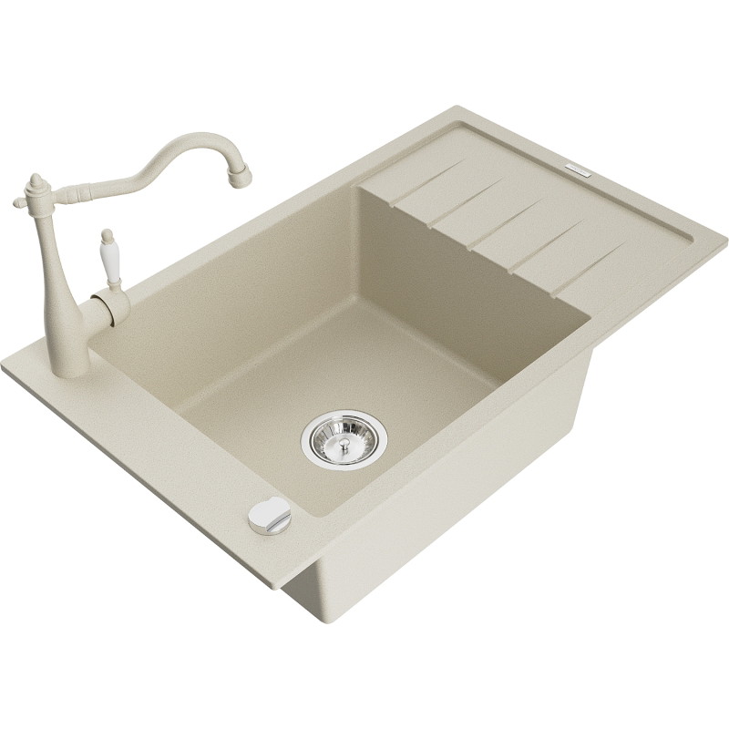 Mexen Elias Granitspüle 1-beckig mit Abtropfbereich und Küchenarmatur Carla, beige - 6511-69-670700-69
